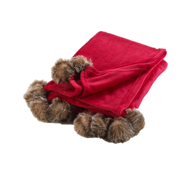 Plaid à Pompons Doux - 150 X 125 Cm - Rouge