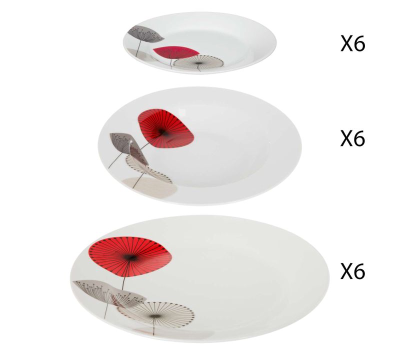 Service Vaisselle 18 Pièces Oscara - Blanc Et Rouge