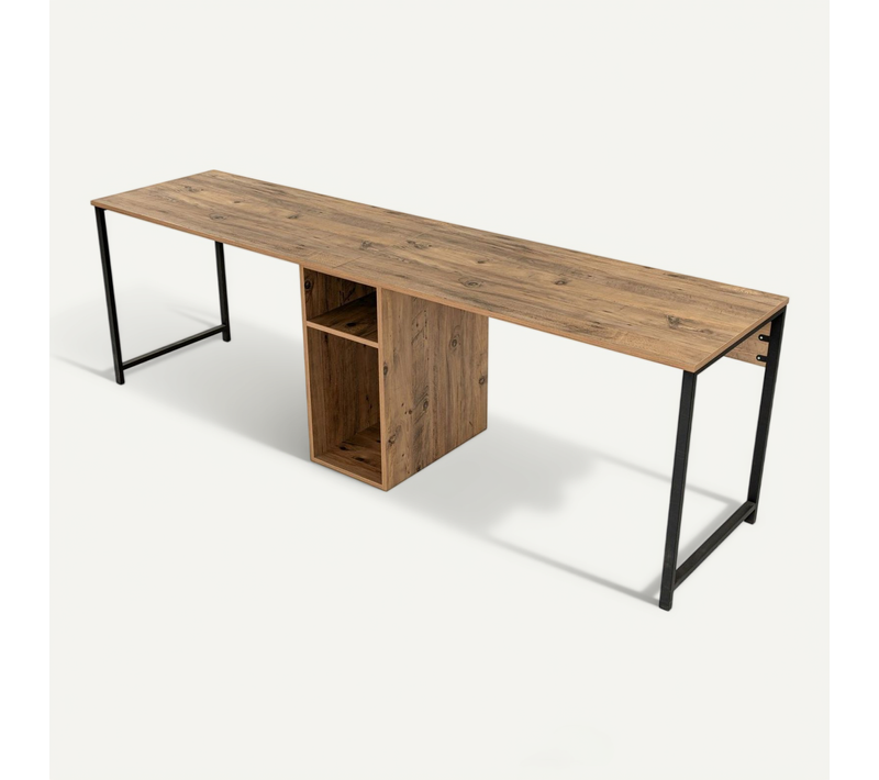 Bureau Double Avec étagère Intégrée En Bois Et Métal - Marron Et Noir
