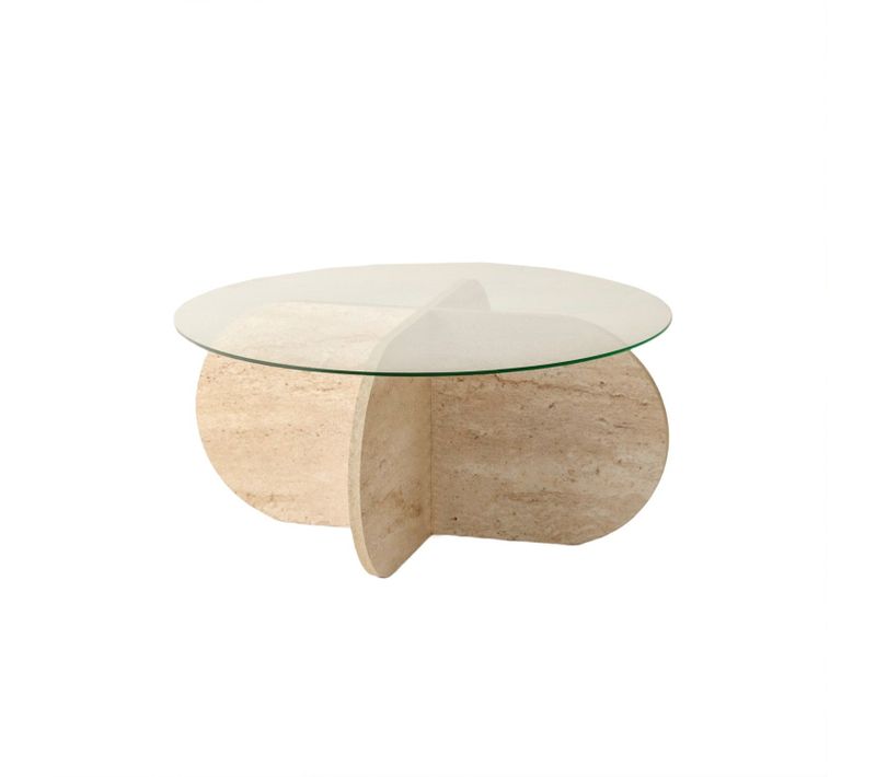Table Basse Ronde En Verre Et Effet Travertin - Beige