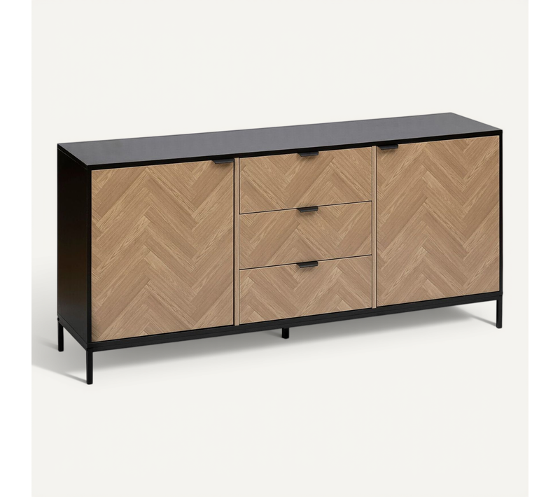 Buffet 2 Portes Et 3 Tiroirs En Bois Et Métal Chevrons - Beige Et Noir