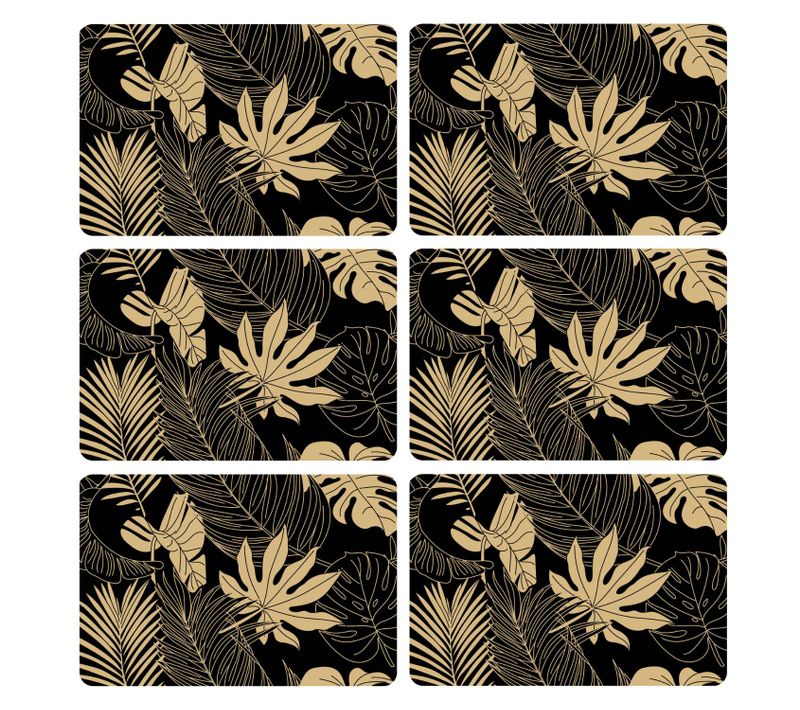 Lot De 6 Sets De Table Motif Feuillage Avec Encre Métallique Lyra - 30 X 45 Cm - Or Et Noir