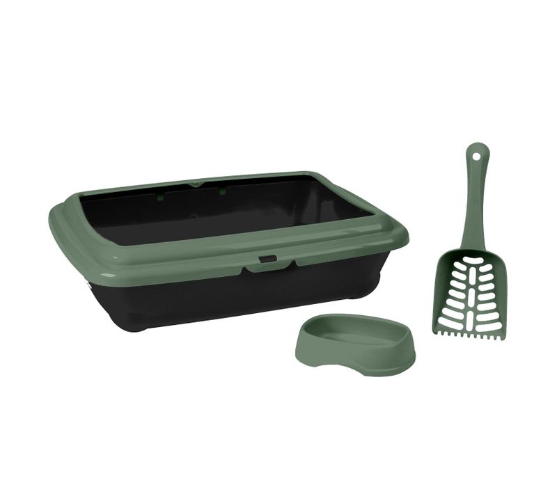 Bac à Litière Pour Chat Avec Gamelle Et Pelle Molly - Vert Sauge