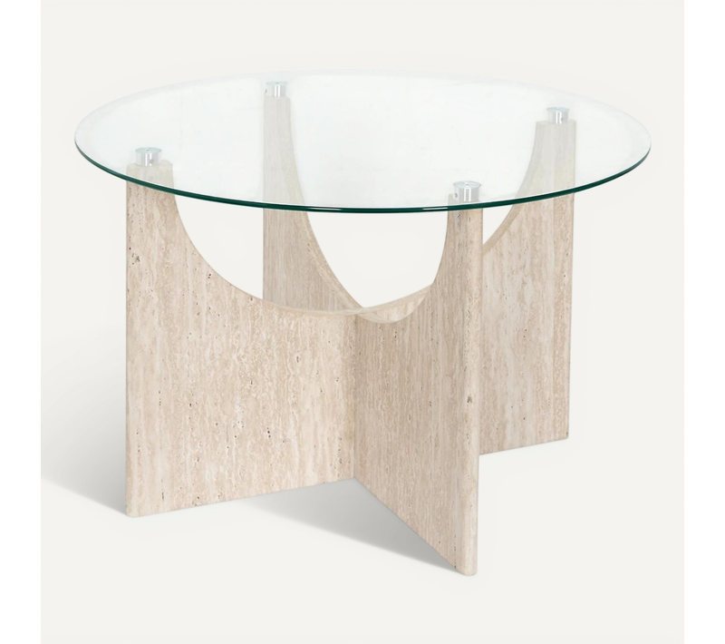 Table Basse Ronde Effet Travertin Et Verre Pietra - Beige