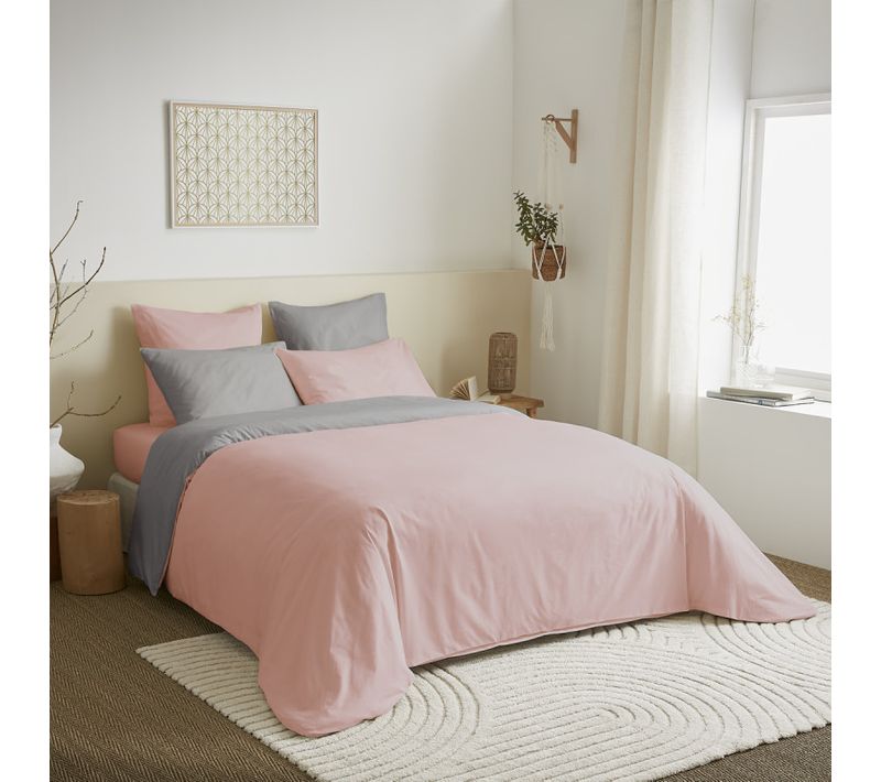 Pack Complet 6 Pièces Rose/gris Réversible Housse De Couette - Rose - 140x190 Cm