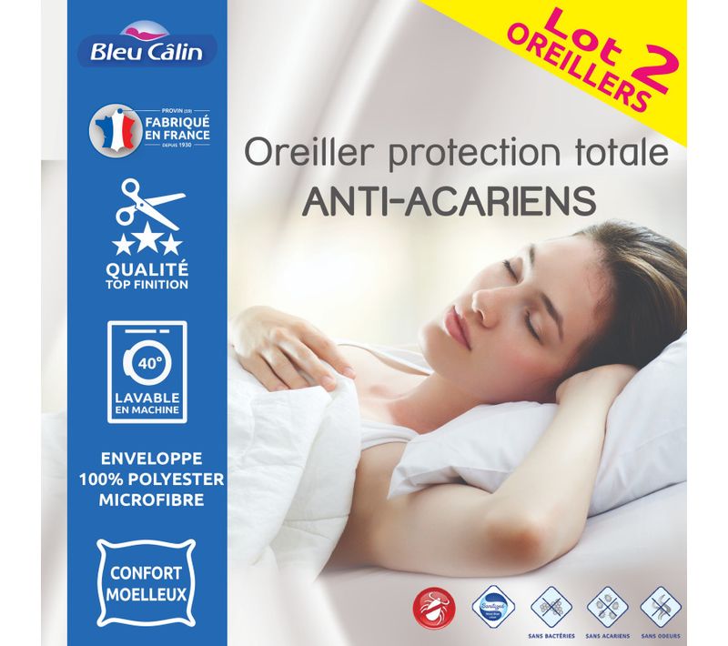 Lot De 2 Oreillers 60 X 60 Cm "protection Totale Anti-acariens" Bleu Calin - Blanc - 60x60 Cm