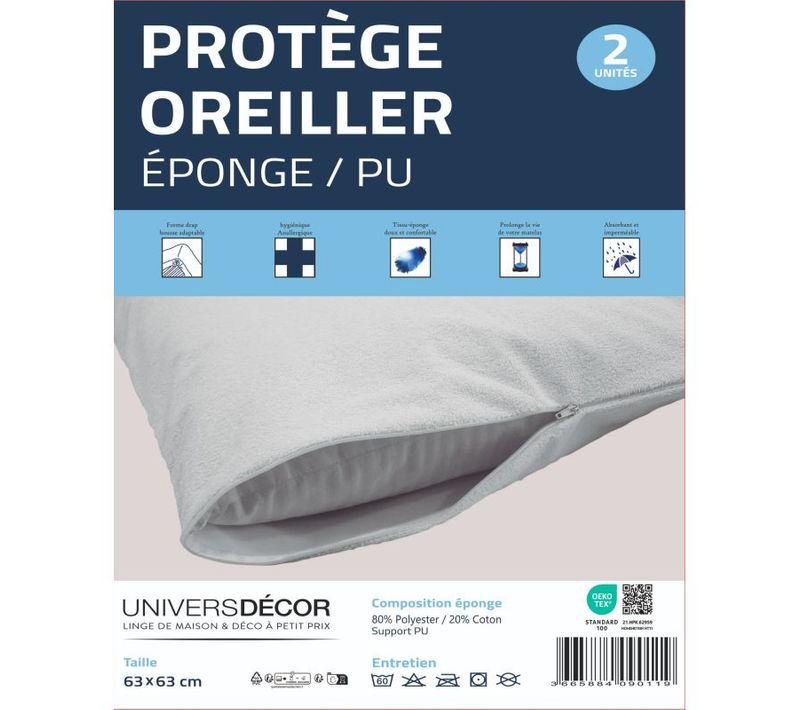 Lot De 2 Protège Oreiller éponge Imperméable Absorbant 63 X 63 Cm - Blanc - 63x63 Cm