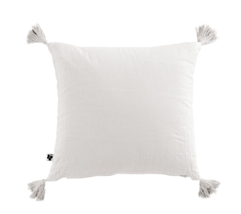 Coussin Déhoussable Avec Pompons "gaïa" 40 X 40 Cm "gaze De Coton" - Blanc - 40x40 Cm