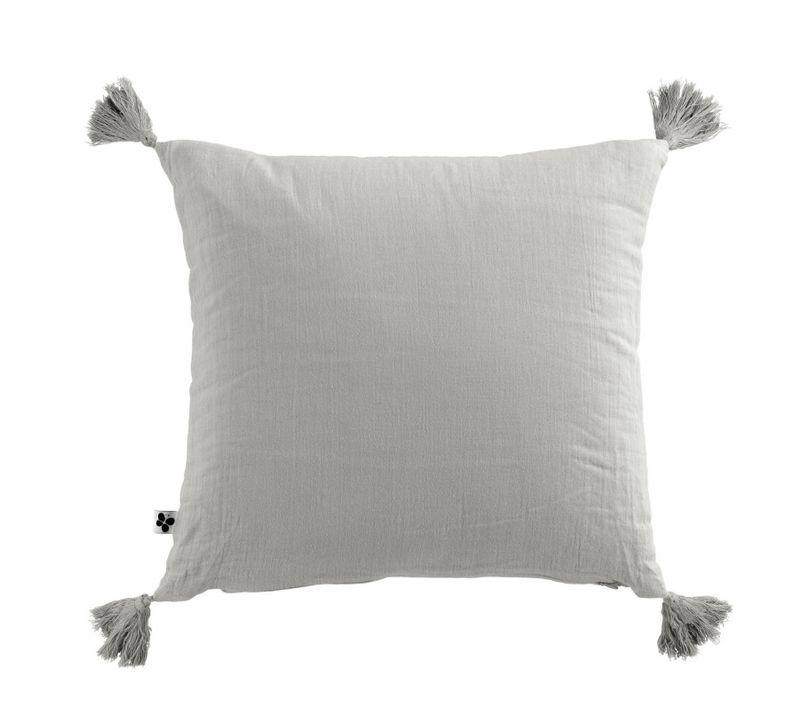 Coussin Déhoussable Avec Pompons "gaïa" 40 X 40 Cm "gaze De Coton" - Gris Clair - 40x40 Cm