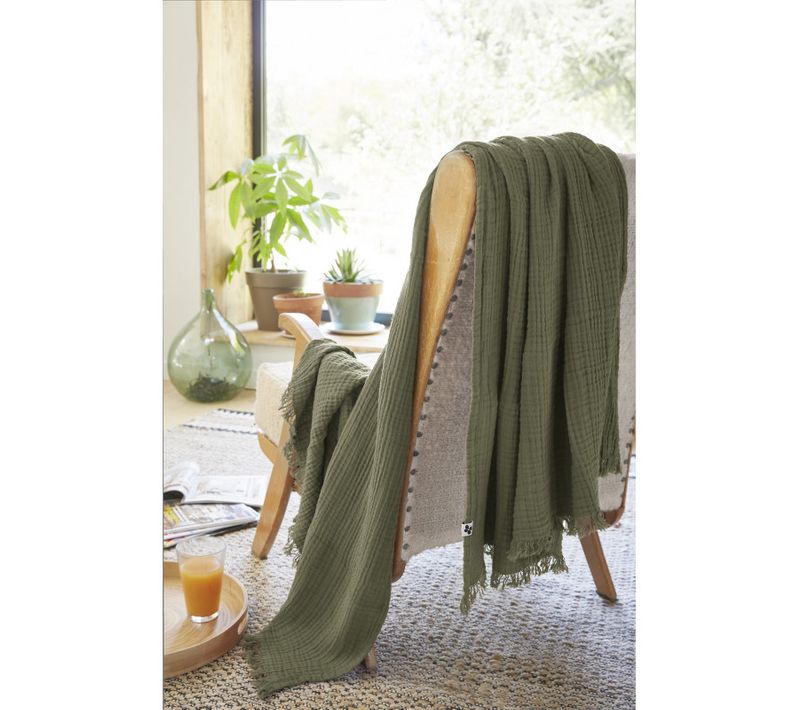 Plaid À Franges "gaïa" "gaze De Coton" - Vert Foncé - 180x220 Cm