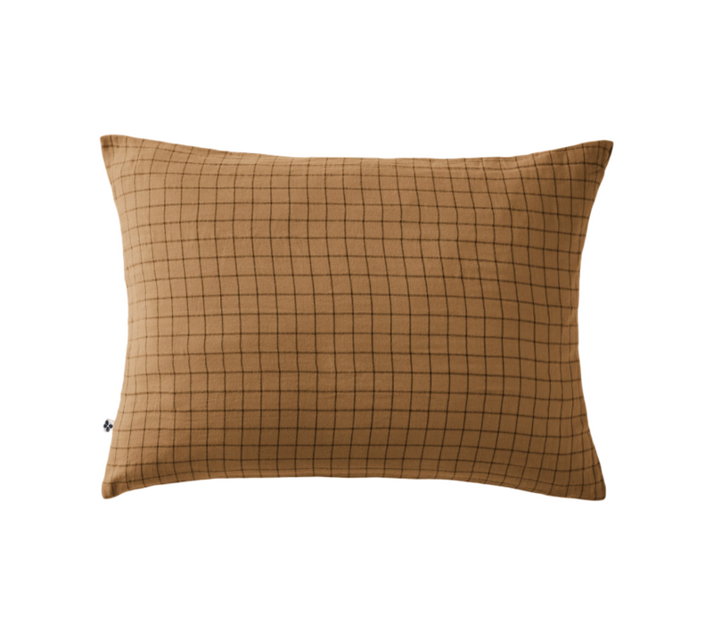 Taie D'oreiller Petits Carreaux Déco "gaïa Mix "gaze De Coton" - Camel - 50x70 Cm