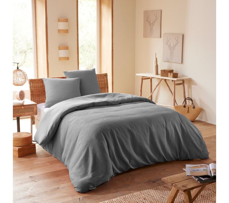 Parure De Couette "nid D'abeille" 240 X 220 Pour Lit 2 Places 140 à 160 Cm - Gris - 240x220 Cm