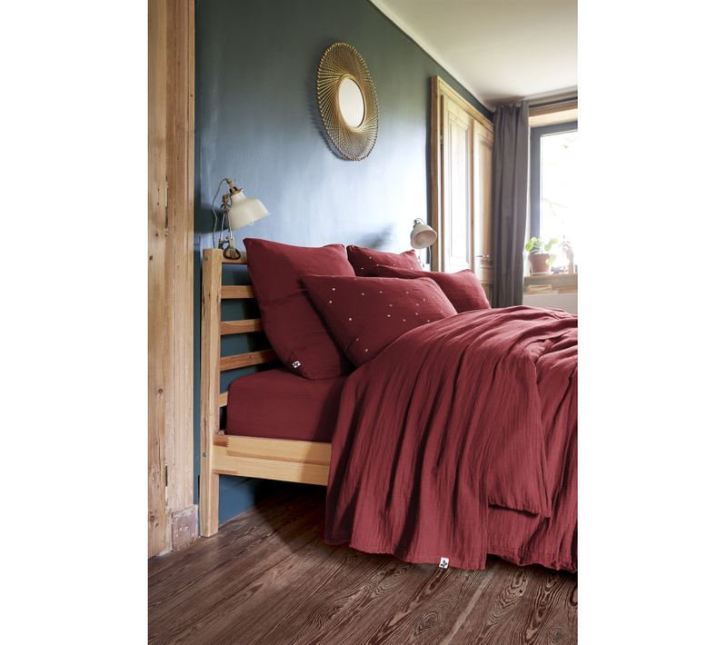 Parure De Draps 4 Pièces et 5 Pièces "gaïa" Gaze De Coton - Bordeaux - 180x200 Cm