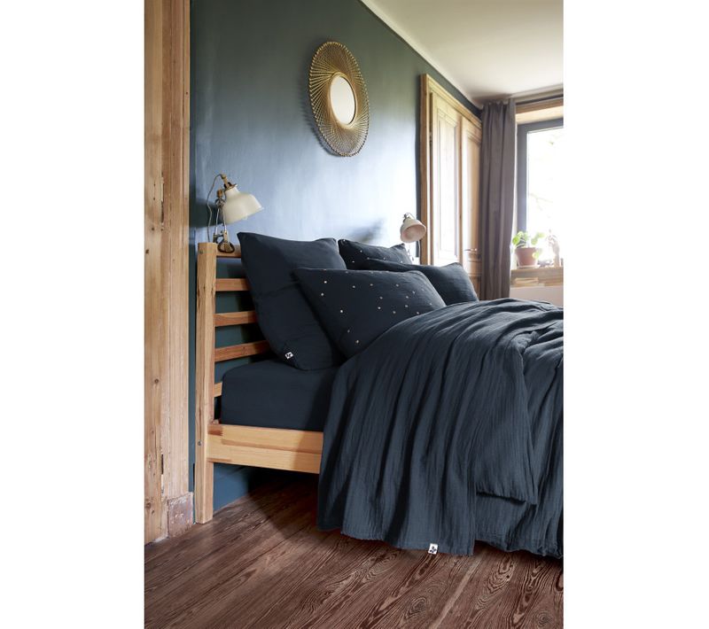 Parure De Draps 4 Pièces et 5 Pièces "gaïa" Gaze De Coton - Bleu Nuit - 140x190 Cm