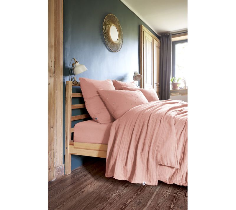 Parure De Draps 4 Pièces et 5 Pièces "gaïa" Gaze De Coton - Rose - 140x190 Cm