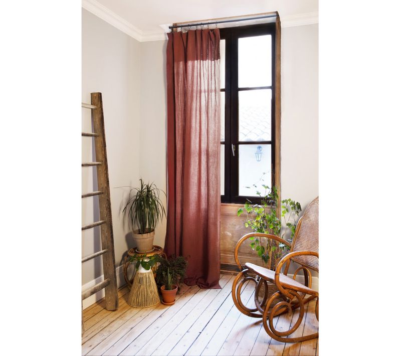 Lot De 2 Rideaux Ajustable + 8 Anneaux Pince "gaîa" "gaze De Coton" - Terracotta - 140x300 Cm
