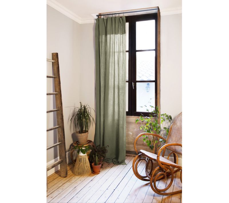 Lot De 2 Rideaux Ajustable + 8 Anneaux Pince "gaîa" "gaze De Coton" - Vert Foncé - 140x300 Cm