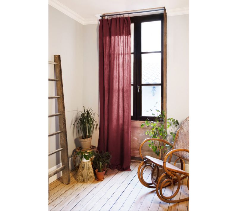 Lot De 2 Rideaux Ajustable + 8 Anneaux Pince "gaîa" "gaze De Coton" - Bordeaux - 140x300 Cm