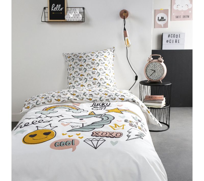 Parure De Couette 140 X 200 "lucky Girl" Réversible 100% Coton / 57 Fils/cm²