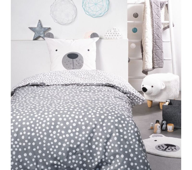 Parure De Couette 140 X 200 "funny Bear" Réversible 100% Coton / 57 Fils/cm²