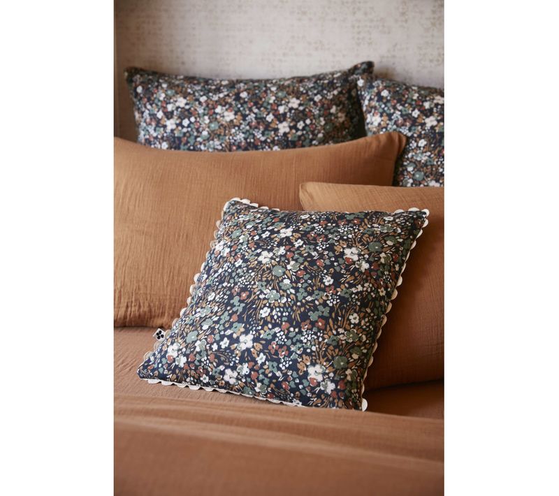 Coussin Déhoussable Festonné "capucine" 40 X 40 Cm "gaze De Coton" - Bleu Nuit - 40x40 Cm