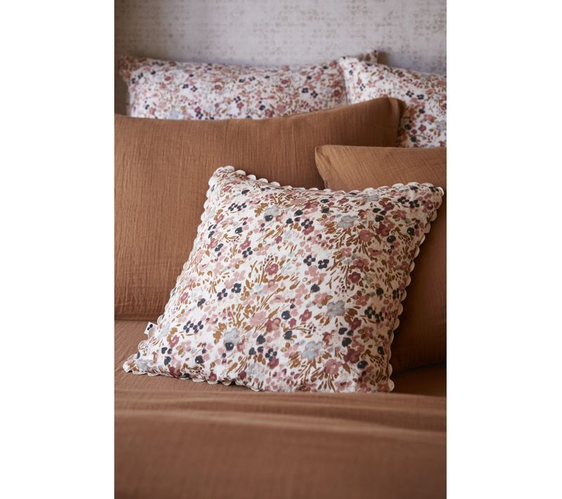 Coussin Déhoussable Festonné "capucine" 40 X 40 Cm "gaze De Coton" - Taupe - 40x40 Cm