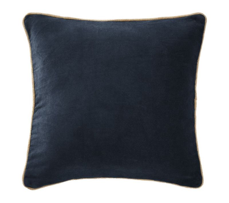 Coussin Déhoussable Finition Galon 45 X 45 Cm "césar" Velours De Coton - Bleu Nuit - 45x45 Cm
