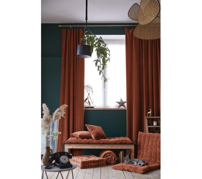 Lot De 2 Rideaux Ajustables + 8 Anneaux Pince "césar" Velours De Coton - Terracotta - 140x270 Cm