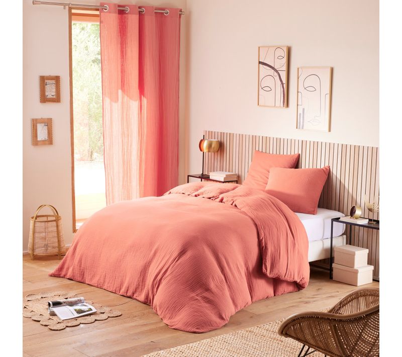 Parure De Draps 4 Pièces "noah" Gaze De Coton Pour Lit 2 Places 140 Cm - Corail - 140x190 Cm