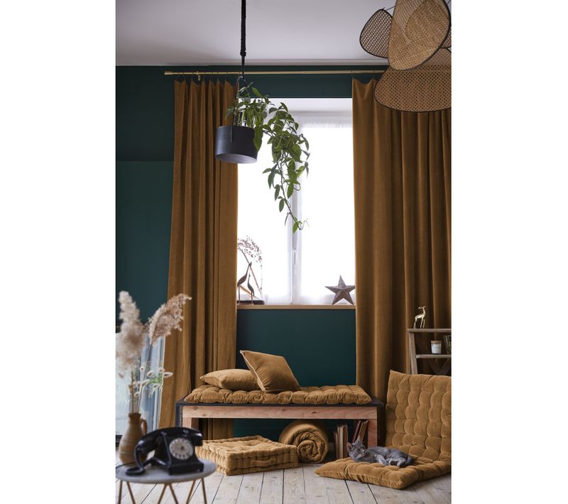 Lot De 2 Rideaux Ajustables + 8 Anneaux Pince "césar" Velours De Coton - Camel - 140x270 Cm