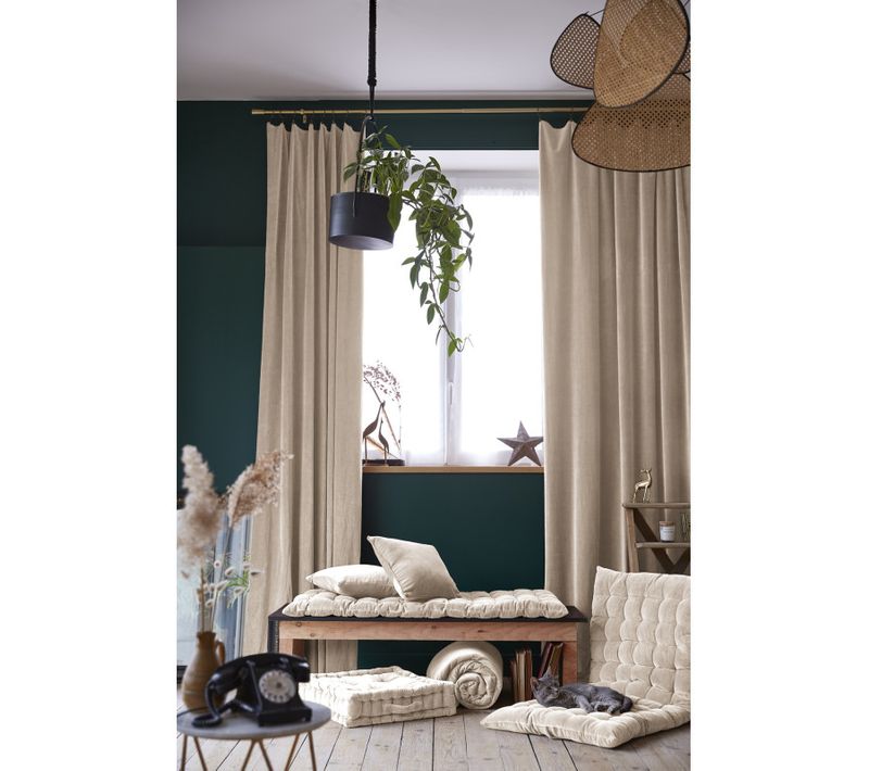 Lot De 2 Rideaux Ajustables + 8 Anneaux Pince "césar" Velours De Coton - Taupe - 140x270 Cm