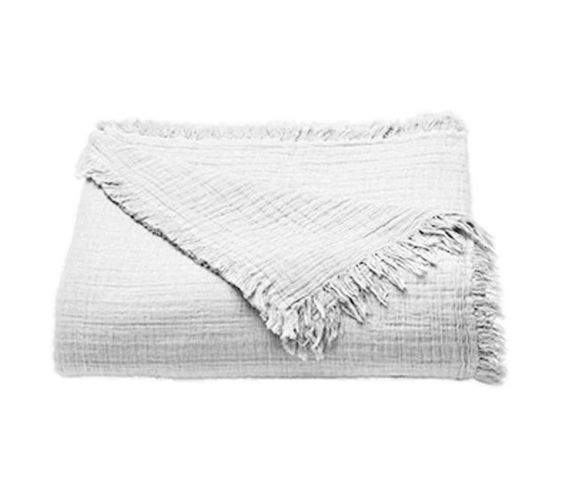 Couvre Lit À Franges "brehat" Gaze De Coton Stonewashed - Blanc - 270x250 Cm