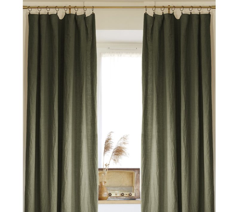 Lot De 2 Rideaux Ajustable + 8 Anneaux Pince "soline" 140 X 270 Cm Lin Lavé - Vert - 140x270 Cm