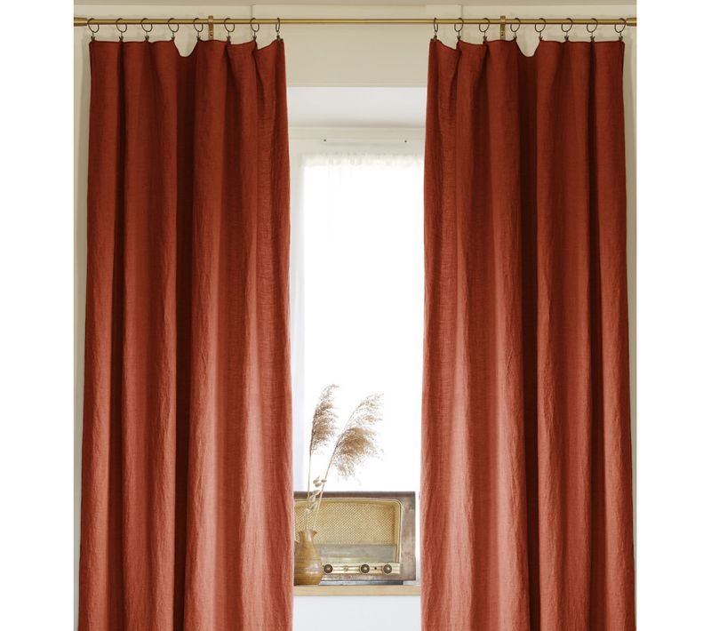 Lot De 2 Rideaux Ajustable + 8 Anneaux Pince "soline" 140 X 270 Cm Lin Lavé - Orange - 140x270 Cm