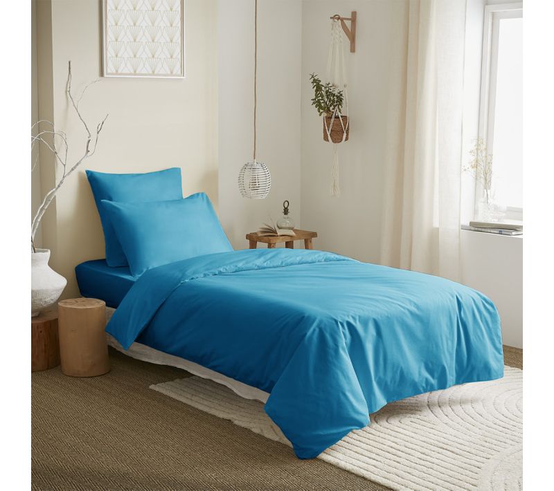 Pack Complet 4 Pièces Unicolore Turquoise Housse De Couette - Turquoise - 90x190 Cm