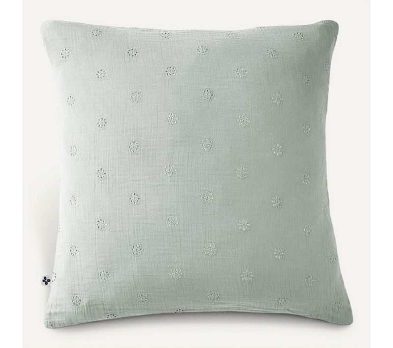 Taie D'oreiller Brodée Déco "gaïa Boho "gaze De Coton" - Vert Clair - 60x60 Cm