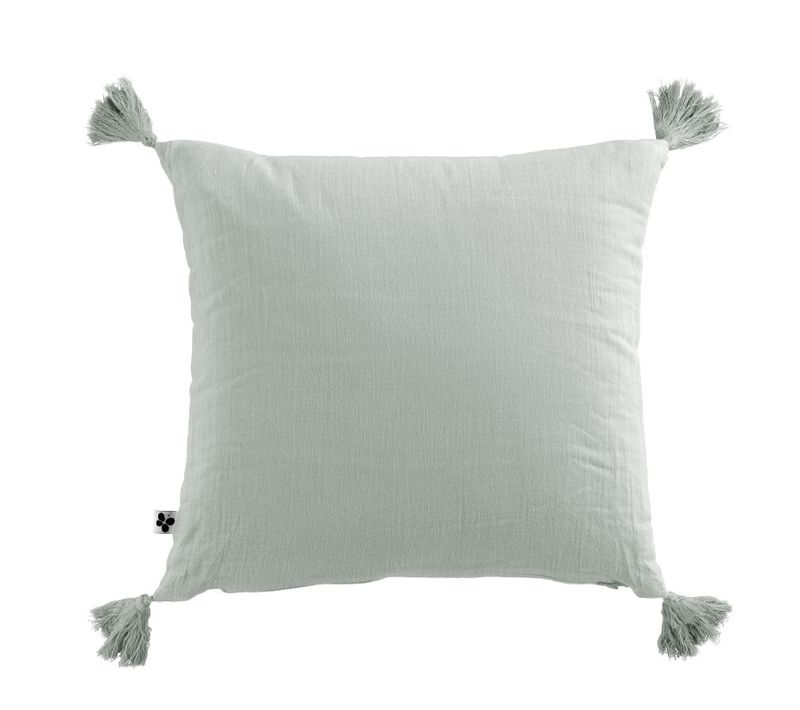 Coussin Déhoussable Avec Pompons "gaïa" 40 X 40 Cm "gaze De Coton" - Vert Clair - 40x40 Cm