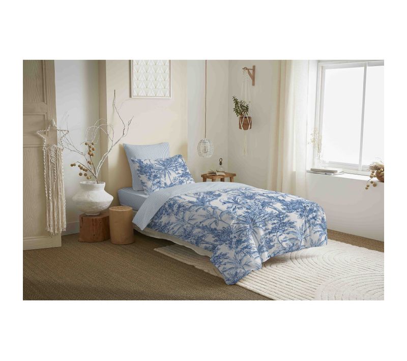 Pack Complet Housse De Couette Réversible "vanessa" 4 Pièces Adama Azur - Bleu - 90x190 Cm