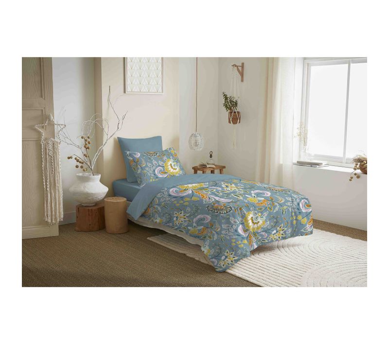 Pack Complet Housse De Couette Réversible "vanessa" 4 Pièces Bergame - Turquoise - 90x190 Cm
