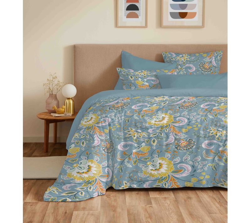 Pack Complet Housse De Couette Réversible "vanessa" 6 Pièces Bergame Turquoise - 180x200 Cm