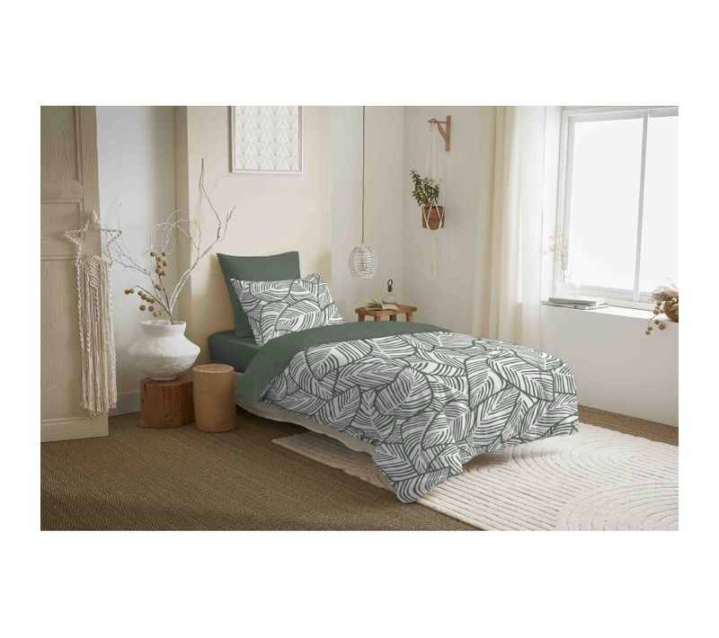 Pack Complet Housse De Couette Réversible "vanessa" 4 Pièces Fira Romarin - Vert Foncé - 90x190 Cm