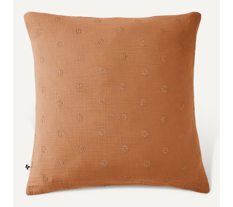 Taie D'oreiller Brodée Déco "gaïa Boho" "gaze De Coton" - Orange - 60x60 Cm