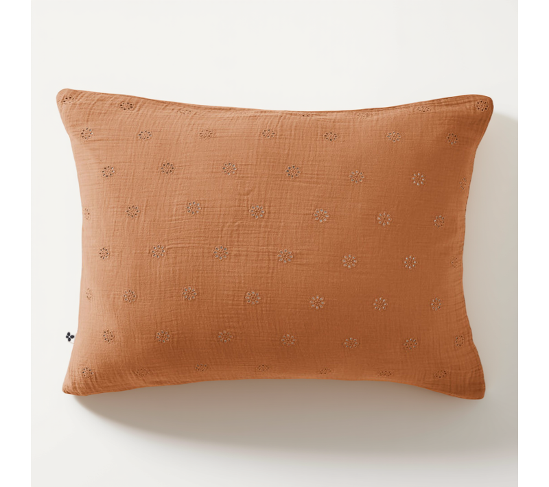 Taie D'oreiller Brodée Déco "gaïa Boho" "gaze De Coton" - Orange - 50x70 Cm