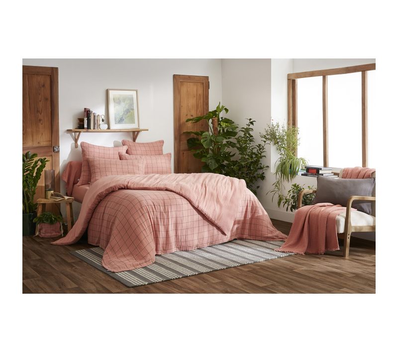 Housse De Couette Réversible "gaïa Match" Grands Carreaux "gaze De Coton" - Rose - 260x240 Cm