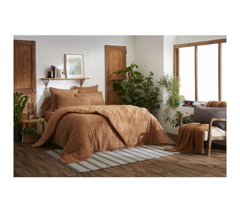 Housse De Couette Réversible "gaïa Match" Grands Carreaux "gaze De Coton" - Marron - 200x200 Cm