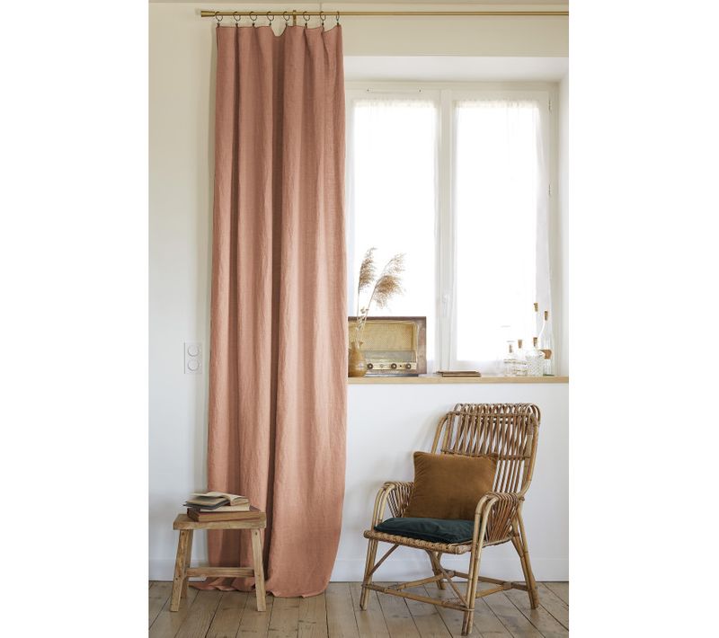 Lot De 2 Rideaux Ajustable + 8 Anneaux Pince "soline" Lin Lavé - Rose Clair - 140x270 Cm