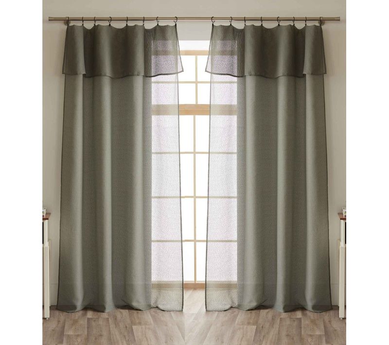 Lot De 2 Voilages Ajustables + 8 Anneaux Pince Effet Bouclette "elda" - Kaki - 2x140x270 Cm