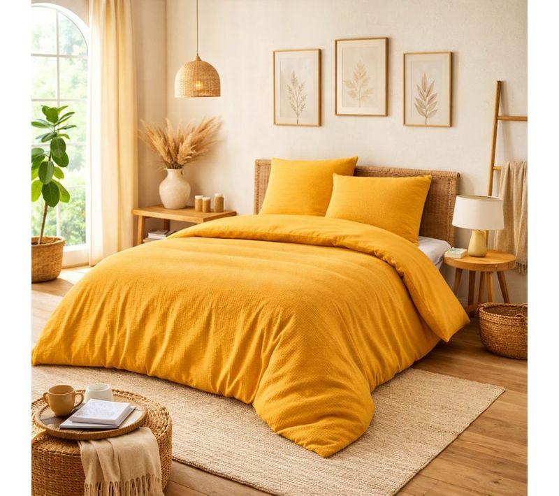 Parure De Couette Nidra 240 X 220 Cm – Coton Nid D’abeille – Curry – 2 Taies 65 X 65 Cm
