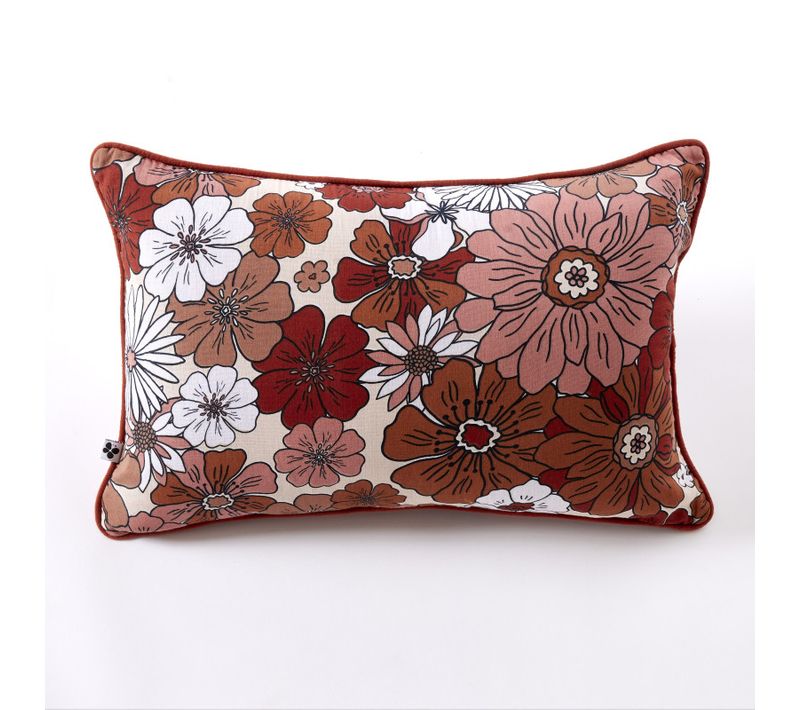 Coussin Déhoussable Réversible "anna / Flora" Gaze De Coton Imprimée - Terracotta - 40x60 Cm
