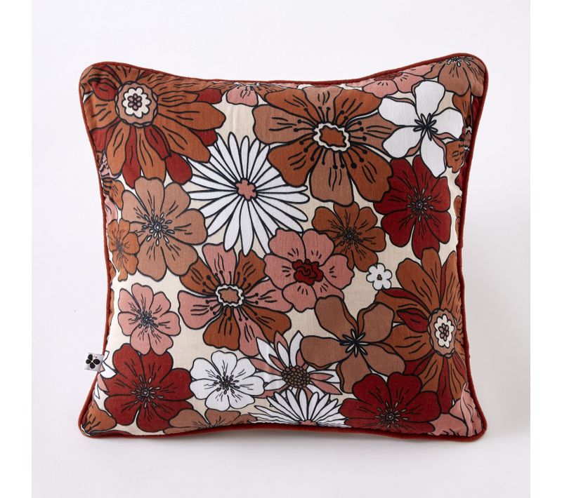 Coussin Déhoussable Réversible "anna / Flora" Gaze De Coton Imprimée - Terracotta - 45x45 Cm